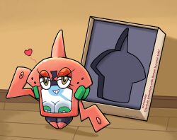 breast_press chabble female_rotom pokemon pokemon_(species) possession post_transformation pressed_on_glass robot_girl rotom rotom_pokedex