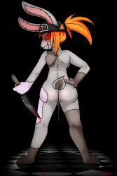 2021 2:3 anthro ass backpussy blood bodily_fluids bottomwear clothing female five_nights_at_freddy's five_nights_at_freddy's:_security_breach genital_fluids genitals glowing glowing_eyes hair hat hat_only headgear headgear_only headwear headwear_only hi_res knife lagomorph leporid looking_at_viewer mammal mostly_nude nude patch_(fabric) patchwork_creature ponytail pussy pussy_juice pussy_juice_drip pussy_juice_puddle pussy_juice_string rabbit scottgames security security_guard shadow shorts smile solo steel_wool_studios vanny_(fnaf) xanodice