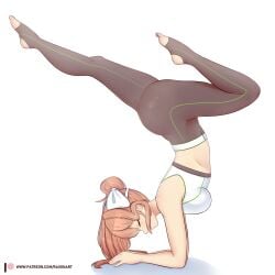 big_butt blank_background bow_in_hair closed_eyes doki_doki_literature_club hair_ornament long_hair long_hair_female monika_(doki_doki_literature_club) plain_background raionart stirrup_legwear white_background yoga yoga_pants yoga_pose