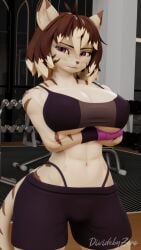 alyia_(dividebyzero) anthro athletic_wear big_breasts breasts cleavage clothing dividebyzero female female_only fur furry furry_only gym midriff no_sex solo sports_bra tail thick_thighs thong_above_shorts thong_straps underboob wide_hips