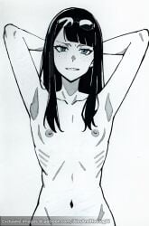 1girls abdomen ai_generated alexandhotdogai androgynous armpits arms_behind_back arms_up black_hair blue_eyes breasts collarbone completely_nude completely_nude_female eizouken_ni_wa_te_wo_dasu_na! eyelashes eyeliner female female_only flat_chest freckles glasses glasses_on_head keep_your_hands_off_eizouken long_hair looking_at_viewer makeup megane monochrome naked nipples nude pelvic_line ribcage ribs sayaka_kanamori simple_background skinny small_breasts smiling stable_diffusion straight_hair tall_female tall_girl taller_female taller_girl thin thin_female wide_hips