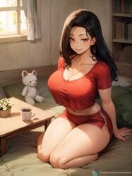 1girls ai_assisted ai_generated asymmetrical_bangs asymmetrical_hair black_hair brown_eyes cleavage clothed_female erotic_nansensu female female_only indoors kneeling large_breasts long_hair midriff momo_yaoyorozu my_hero_academia plushie red_clothing short_shorts short_sleeves smile solo stable_diffusion t-shirt thick_thighs thighs wariza yaoyorozu_momo