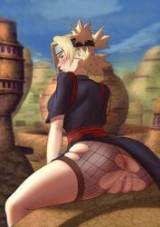 1girls anus ass big_pussy blonde_hair blush bubble_butt building clothing embarrassed exposed_anus exposed_ass exposed_pussy female female_only fishnet_bodysuit fishnets forehead_protector green_eyes high_resolution kimono looking_at_viewer looking_back naruto naruto_(series) naruto_shippuden quad_tails ripped_clothing see-through see-through_clothing short_kimono sitting smile solo spread_legs temari thick_thighs tied_hair torn_open_bottoms uncensored upskirt vagina village wet wet_anus wet_pussy zanzagen