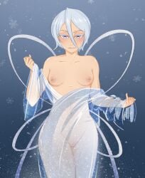 1girls analoaca bankai_rukia bleach bleach:_the_thousand-year_blood_war blue_eyes breasts female female_only kuchiki_rukia smile snow solo transparent_clothing undressing white_dress white_eyes white_hair