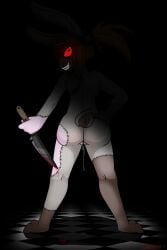 2021 2:3 anthro ass backpussy blood bodily_fluids bottomwear clothing female five_nights_at_freddy's five_nights_at_freddy's:_security_breach genital_fluids genitals glowing glowing_eyes hair hat hat_only headgear headgear_only headwear headwear_only hi_res knife lagomorph leporid looking_at_viewer mammal mostly_nude nude patch_(fabric) patchwork_creature ponytail pussy pussy_juice pussy_juice_drip pussy_juice_puddle pussy_juice_string rabbit scottgames security security_guard shadow shorts smile solo steel_wool_studios vanny_(fnaf) xanodice