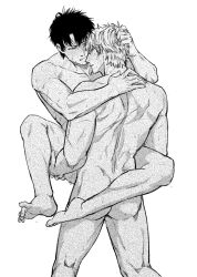 2boys ass blush carrying_partner completely_nude fizzy_bit full_body gay gintama gintoki_sakata hair_grab hijikata_toshiro implied_anal implied_sex leg_lock male male_only monochrome muscular muscular_male nude screentone stand_and_carry_position standing_sex sweat yaoi