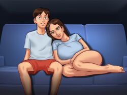 1boy 1girls 2d big_breasts bottomwear boxers breasts brown_hair clothed clothing couch darkcookie digital_drawing_(artwork) digital_media_(artwork) duo female jenny_(summertime_saga) leaning leaning_on_elbow light-skinned_female light-skinned_male light_skin living_room long_hair main_character_(summertime_saga) male male/female no_pants on_couch panties room shirt shorts sitting summertime_saga thick_thighs topwear underwear watching watching_tv