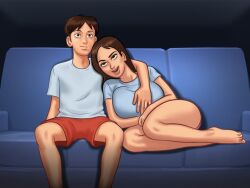 1boy 1girls 2d big_breasts bottomwear boxers breasts brown_hair clothed clothing couch darkcookie digital_drawing_(artwork) digital_media_(artwork) duo female hand_on_breast hand_on_chest jenny_(summertime_saga) leaning leaning_on_elbow light-skinned_female light-skinned_male light_skin living_room long_hair looking_at_partner looking_up main_character_(summertime_saga) male male/female no_pants on_couch panties room shirt shorts sitting straight straight_hair summertime_saga thick_thighs topwear underwear watching watching_tv