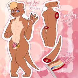 anthro artist_signature ass chastity chastity_cage chastity_device commission eyes_half_open femboy flat_chest flat_colors fur furry localartmaid male otter reference_image reference_sheet self_upload simple_background thick_ass thick_thighs