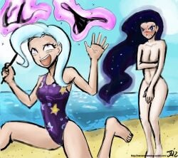 beach bikini embarrassed_nude_female enf equestria_girls johnjoseco magic michos my_little_pony rarity_(mlp) stolen_bikini stolen_clothes stolen_swimsuit stripped_by_magic trixie_(mlp) trixie_lulamoon_(eg)