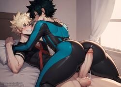 2boys ai_generated ass bakudeku bedroom big_ass big_butt big_penis bkdk buttjob buttjob_over_clothes cuddling deku erection femboy foreplay gay green_eyes green_hair hero_outfit_(mha) heroine huge_cock imminent_sex izuku_midoriya katsuki_bakugou males_only my_hero_academia on_bed otoko_no_ko precum precum_drip puffyart rubbing smirk teeth tight_clothing yaoi yellow_hair