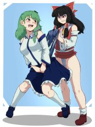 2girls angry anklehighs black_hair blue_panties blush bow clenched_teeth covering_crotch detached_sleeves evgreenzn female female_only green_eyes green_hair hair_ornament hair_tubes hairbow knee_socks kneehighs kneesocks loose_socks no_pants open_mouth panties panty_pull pink_panties red_eyes reimu_hakurei sanae_kochiya shoes skirt socks standing tagme touhou wedgie white_socks