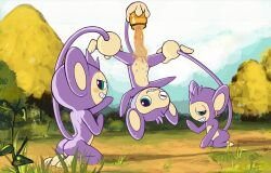 absurd_res aipom bound female female/female food generation_2_pokemon genitals grass group hi_res honey_(food) humanoid humanoid_genitalia kneeling multi_nipple nintendo nipples one_eye_closed plant pokemon pokemon_(species) pussy spread_legs spreading trio twentyfur wink