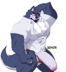 2023 abs anthro artist_name beard big_biceps big_deltoids big_penis big_triceps black_claws black_hair blue_body blue_fur blush canid canine canis chest_tuft claws clothed clothing dress_shirt eyewear facial_hair finger_claws foreskin fur genitals glasses hair hand_behind_head hi_res inner_ear_fluff looking_at_viewer male mammal multicolored_body multicolored_fur muscular muscular_anthro muscular_arms muscular_male muscular_thighs navel nipples pantsless pawpads pecs penis red_clothing red_thong red_underwear shirt solo thick_thighs thong topless topwear tuft two_tone_body two_tone_fur unbuttoned_shirt underwear vein veiny_muscles veiny_penis white_body white_clothing white_fur white_shirt white_topwear wolf yellow_eyes yongdasom