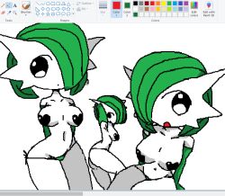 arm_stockings armpit arms_above_head arms_behind_head arms_up belly_button confused confused_look elbow_gloves gardevoir generation_3_pokemon green_panties heart heart_censor long_gloves looking_at_viewer looking_up looking_up_at_viewer medium_breasts microsoft_paint mspaint navel open_mouth panties pixel_(artwork) pixel_art pokemon pokemon_(species) posing small_body small_breasts small_waist storm_yyyy thick_thighs trio white_body