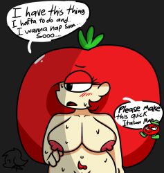 abitsheepish black_eyes blush hand_on_hip large_breasts looking_away naked_female only_female pizza_tower pussy red_hair sweating text tomato_toppin toppin_gals toppin_gals_minus8