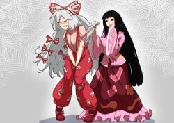 2021 2girls black_eyes black_hair blush bow clenched_teeth closed_eyes covering_crotch dress evgreenzn female female_only fujiwara_no_mokou grin hairbow kaguya_houraisan long_hair panties panty_pull silver_hair standing suspenders tagme touhou very_long_hair wedgie white_panties