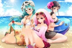 3girls aqua_hair bad_id bad_pixiv_id bare_shoulders barefoot beach bikini bikini_skirt bikini_top_only black_bikini black_hair bleach blue_sky bracelet breasts brown_eyes cleavage closed_mouth clothes_lift cloud collarbone day dokugamine_riruka drinking drinking_straw eyewear_on_head facial_mark female female_only floating_hair floral_print flower food food_print front-tie_bikini_top front-tie_bra front-tie_top fruit glasses green_hair hair_flower hair_ornament hair_up happy head_tilt hibiscus jewelry kneeling kurotsuchi_nemu large_breasts lens_flare long_hair looking_at_viewer looking_back mask mask_on_head medium_breasts midriff multiple_girls navel necklace nelliel_tu_odelschwanck ocean open_mouth outdoors pink_flower pink_hair purple_eyes red-tinted_eyewear red_hair red_skirt sand sandals sarong sarong_lift see-through short_hair_with_long_locks shy sidelocks sitting sitting_together skirt skull skull_mask sky smile sparkle sparkle_background strawberry strawberry_bra strawberry_print sun sunglasses sunlight sunny swimsuit tinted_eyewear umi_(pixiv6861961) very_long_hair wariza water white_bikini yellow-framed_eyewear