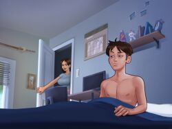 1boy 1girls 2d bed bed_sheet bedroom big_breasts blanket bottomwear breasts brown_hair clothed clothing darkcookie detailed_background digital_drawing_(artwork) digital_media_(artwork) door duo female jenny_(summertime_saga) leaning_forward light-skinned_female light-skinned_male light_skin long_hair looking_at_another looking_at_partner looking_to_the_side main_character_(summertime_saga) male male/female nipples_visible_through_clothing on_bed open_door panties pillow room shirt smile smiling standing summertime_saga suspicious thick_thighs topless topwear underwear waking_up