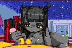 arched_back ass_up background black_hair dark_skin demon demon_girl demon_horns grey_skin hand_on_penis handjob horns horny long_hair masturbating masturbation microsoft_paint mspaint oc pixel_(artwork) pixel_art starry_sky storm_yyyy tired tired_eyes yellow_body yellow_penis yellow_pupils yellow_skin