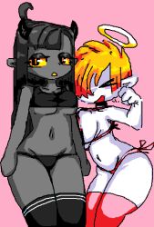 angel angel_girl angel_halo annoyed belly belly_button big_breasts bikini black_hair black_legwear black_panties closed_eyes clothed clothing crop_top dark_hair dark_skin demon demon_girl demon_horns grey_skin halo horns long_ears long_hair medium_breasts microsoft_paint mspaint oc open_mouth panties pink_bra pixel_art posing pressing_breasts revealing_clothes stockings storm_yyyy white_body yellow_hair yellow_pupils