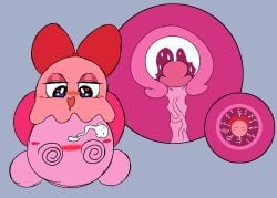 1boy 1girls blush bow chuchu_(kirby) cum cum_in_uterus cum_inside drooling female_on_top half-closed_eyes heart impregnation internal kirby kirby_(series) open_mouth ovum penis pink_body ribbon sex slem sperm_cell spiral_eyes veiny_penis waddling_head