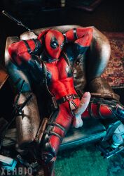 1boy 2023 3d alpha_male arm_behind_head balls bara barazoku big_balls big_penis clothing cocky cum cum_drip cum_dripping_from_penis daddy deadpool gay gay_male genital_fluids hard_on hi_res highres looking_at_viewer male male_focus male_only manly marvel marvel_comics muscles muscular muscular_male penis penis_out penis_through_fly solo solo_male testicles tight_clothing vein veiny_penis wade_wilson xerbio