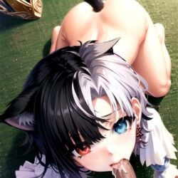 ai_generated asexual black_hair blowjob cat_ears cat_tail e-sekai heterochromia idol-en idol_corp inside multicolored_hair on_all_fours partial_male rin_penrose tomboy virtual_youtuber vtuber white_hair