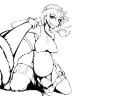 1girls armpits bare_shoulders black_and_white blank_background bracelet circlet covered_navel covered_nipples dress frills grin grinning hand_on_own_thigh large_ass large_breasts large_thighs legs_apart looking_at_viewer messy_hair monkey monkey_girl on_knees pipes pregnant prehensile_tail ranchsaucy ruyi_jingu_bang simple_background single-shoulder_dress son_biten staff tail touhou twintails unfinished_dream_of_all_living_ghost white_background