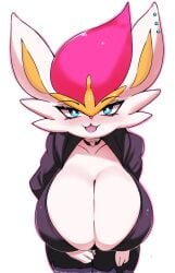 1girls :3 animal_ears anthro big_breasts blue_eyes breasts bunny_ears cheek_tuft choker cinderace cleavage ear_piercing female female_cinderace fur furry furry_only huge_breasts nintendo piercing pink_nose pokemon pokemon_(species) simple_background smile solo tuft white_background white_body white_fur wozzu1