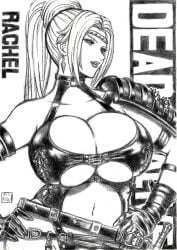 big_boobs black_leotard boobs breasts bursting_breasts choker cleavage cleavage_overflow dead_or_alive deep_cleavage earrings elbow_gloves female full_cleavage greyscale halterneck hands_on_hips hands_on_own_hips huge_breasts leather leotard monochrome mouth_open ninja_gaiden rachel_(ninja_gaiden) round_breasts simple_background skidrow smile thong tight_clothing underboob very_long_hair