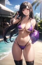 ai_generated aiartfactory background_character background_characters beach beach_background beach_ball bikini black_hair breasts cleavage final_fantasy final_fantasy_vii final_fantasy_vii_remake lensflare long_hair medium_breasts purple_bikini red_eyes sand smile sunny thigh_gap thighhighs thighs tifa_lockhart touching_hair video_game video_game_character video_games wavy_hair