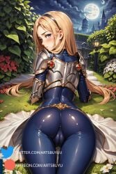 1girls ai_generated armor artsbuyu ass ass_focus bangs blonde_hair blue_eyes blush bodysuit cameltoe embarrassed from_behind headband hi_res league_of_legends long_hair looking_at_viewer looking_back luxanna_crownguard lying medium_breasts no_panties on_stomach parted_bangs shoulder_armor skirt stable_diffusion tight_clothing white_skirt