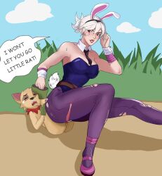 1boy 1girls amazon_position anthro anthro_on_human anthro_penetrating balls balls_deep bare_arms bare_shoulders battle_bunny_riven belt black_legwear black_necktie blue_sky blush bunny_costume bunny_ears bunny_girl bunny_tail bunnysuit caught closed_eyes cloud cowgirl_position cum cum_in_pussy cum_inside day daytime detached_collar endured_face english_text fake_animal_ears femdom from_behind from_behind_position fur furry grass grass_field hairy high_heels human_on_anthro larger_female larger_female_smaller_male league_of_legends medium_breasts muscular muscular_arms muscular_female nature necktie_between_breasts outdoor_sex outdoors panties panties_aside pantyhose penetration penetration_from_behind penis_in_pussy purple_legwear purple_pantyhose red_eyes reverse_amazon_position reverse_cowgirl_position reverse_rape ripped_clothing ripped_pantyhose riven semen sex sex_from_behind shameless shocked shocked_expression shoes_only short_hair sitting sitting_on_penis sitting_on_person small_penis smaller_male speech_bubble squatting squatting_cowgirl_position straight strapless_leotard teemo teemo_the_yiffer text_box the_grind_series torn_clothes torn_legwear torn_pantyhose white_hair x-ray yordle