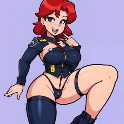 ai_generated ass big_ass big_breasts big_thighs blue_background hips huge_hips large_ass large_breasts lololowka perfect_world police_uniform policewoman red_eyes red_hair sharon_(perfect_world)