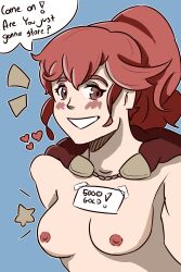 1girls anna_(fire_emblem) anna_(fire_emblem_fates) bbdouble blush breasts cape english_text female female_only fire_emblem fire_emblem_fates looking_at_viewer medium_breasts medium_hair naked_cape nintendo nipples nude nude_female ponytail price prostitution red_eyes red_hair smile solo text upper_body