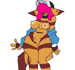 absurd_res anthro averagerascal breasts clothing female fluffy fluffy_tail gloves hair handwear hat headgear headwear hi_res jacket kangaroo macropod mammal marsupial medium_breasts millyroo nude pink_hair pouch_(anatomy) solo tail topwear