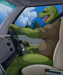 anthro belly biceps big_belly big_penis bodily_fluids bottomless car clothed clothing cum cumshot digital_media_(artwork) driving ejaculation erection genital_fluids genitals hi_res humanoid_genitalia humanoid_penis inside_car komodo_dragon lizard looking_pleasured male masturbation monitor_lizard muscular muscular_anthro muscular_male open_mouth orgasm orgasm_face penile penile_masturbation penis reptile saliva scalie sitting slightly_chubby solo ssslith tall_lizzard_(artist) teeth tongue tongue_out topwear vehicle vein veiny_penis