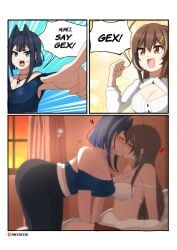 2girls anyacchi bed closed_eyes female female_only half_naked hololive hololive_english hololive_english_-council- hololive_english_-promise- kissing multiple_girls nanashi_mumei ouro_kronii virtual_youtuber yuri