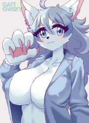 blue_eyes cattowsky claws fauka_savannah large_breasts open_shirt original original_character