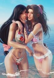 2girls 3d 3d_(artwork) absurd_res absurdres aerith_gainsborough arm_around_neck arm_around_waist belly_button big_breasts bikini bikini_bottom bikini_top black_hair brown_hair cleavage female female_focus female_only final_fantasy final_fantasy_vii final_fantasy_vii_remake green_eyes hand_on_waist hi_res highres long_hair looking_at_viewer medium_breasts midriff ocean ponytail red_eyes ria-neearts sea shiny_skin sideboob slim_waist square_enix swimsuit swimwear tied_hair tifa_lockhart toned toned_female toned_stomach underboob water wet wet_body yuri