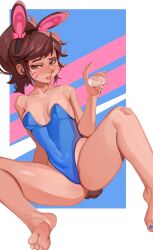 1girls barefoot blush brown_eyes brown_hair bunny_ears bunny_ears_(cosmetic) bunnysuit d.va female female_only kerosundae leotard looking_at_viewer narrowed_eyes overwatch small_breasts smiling smiling_at_viewer solo very_high_resolution