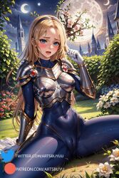 1girls ai_generated armor artsbuyu bangs blonde_hair blue_eyes blush bodysuit cameltoe chestplate covered_navel embarrassed gloves headband hi_res league_of_legends long_hair looking_at_viewer luxanna_crownguard medium_breasts no_panties open_mouth parted_bangs shoulder_armor sitting skirt spread_legs stable_diffusion tight_clothing white_gloves white_skirt