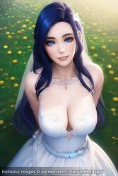 1girls ai_generated alexandhotdogai blue_eyes blue_hair caitlyn_kiramman cleavage fake_art female female_only from_above gigantic_breasts head_tilt huge_breasts league_of_legends married outdoors outside roleplay solo stable_diffusion wedding wedding_dress wedding_ring wife