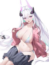 1girls absurd_res alternate_costume ano_(artist) azur_lane belly_button bikini black_skirt blue_pupils bocchi_the_rock! female female_only gotou_hitori gotou_hitori_(cosplay) green_highlights hair_ornament hand_on_floor kearsarge_(azur_lane) large_breasts legs_together light-skinned_female light_skin long_hair looking_at_viewer open_clothes open_jacket open_mouth opening_jacket pink_eyes pink_jacket pleated_skirt simple_background skirt skirt_down solo swimsuit swimsuit_under_clothes thick_thighs track_jacket white_background white_bikini white_hair white_swimsuit wide_hips