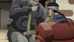 2boys blush david_productions edit erection gay jojo's_bizarre_adventure joseph_joestar looking_at_penis male male_only mohammed_avdol old_joseph penis stardust_crusaders veiny_penis yaoi