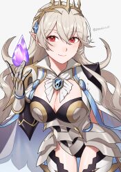 1girls alternate_costume ass_visible_through_thighs bare_thighs black_panties breasts brooch cape cleavage commentary_request corrin_(female)_(fire_emblem) corrin_(female)_(silent_bloodline)_(fire_emblem) corrin_(fire_emblem) cowboy_shot crown dragonstone female female_only fire_emblem fire_emblem_fates fire_emblem_heroes grey_background grey_hair highres inner_thighs jewelry large_breasts long_hair nintendo official_alternate_costume panties peach11_01 pointy_ears red_eyes simple_background solo standing thighs underwear very_long_hair white_cape