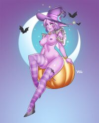 blizzard_entertainment boobs halloween nude original_character pink_skin purple_hair raelisenna_nightdream solo stockings velladonna warcraft witch_hat world_of_warcraft