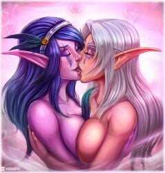 2girls big_breasts blizzard_entertainment blue_hair female female_only kissing multiple_girls night_elf original_character pink_skin taleanna tyrisla vempire warcraft white_hair world_of_warcraft yuri