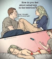 1boy 1boy1girl 1girls angry_face bra_and_panties disappointed drawtism excited female funny male misunderstanding on_bed talking_to_partner toy toy_car toy_ramp